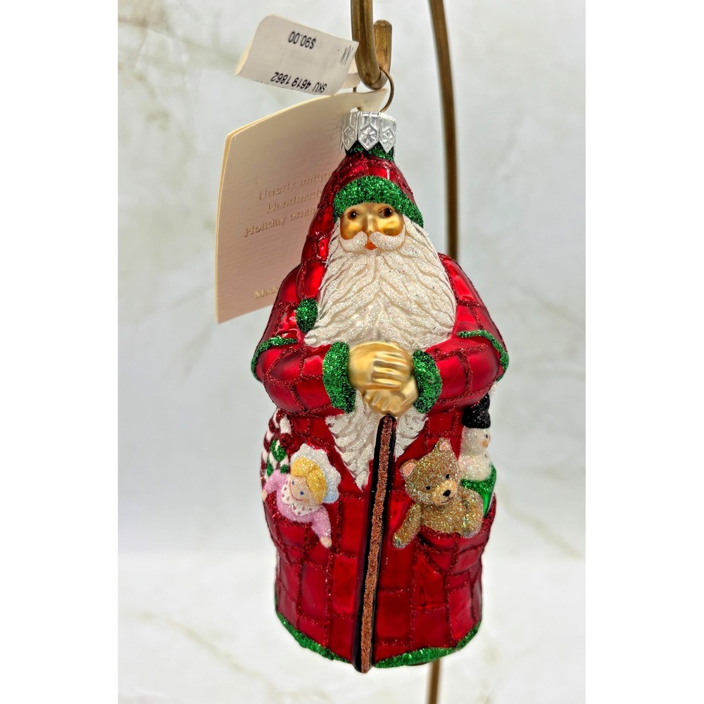 Patricia Breen 2003 PATCHWORK SANTA Glass Ornament NWT Poland 2338 Red Quilt